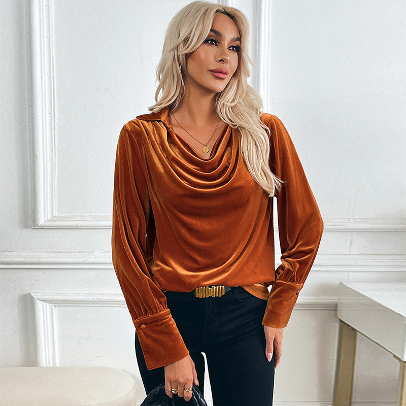 Solid Velvet Blouse with Cowl Neck and Long Sleeves
