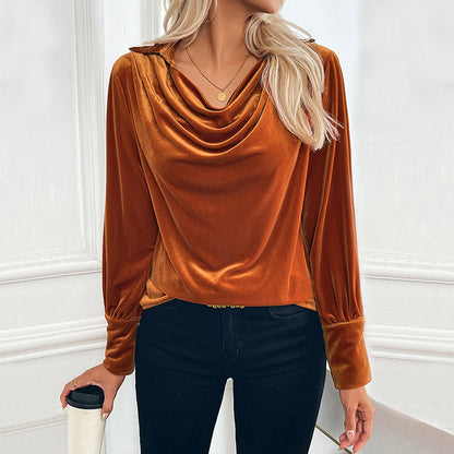 Solid Velvet Blouse with Cowl Neck and Long Sleeves