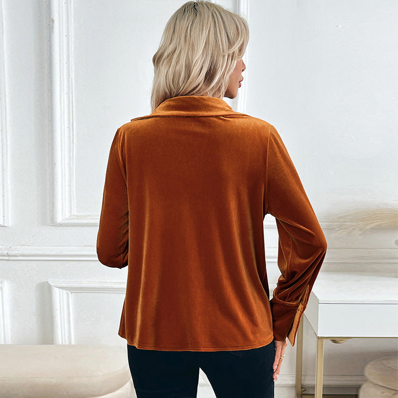 Solid Velvet Blouse with Cowl Neck and Long Sleeves