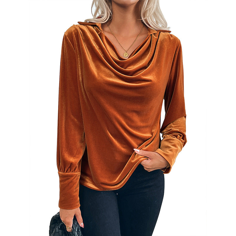Solid Velvet Blouse with Cowl Neck and Long Sleeves