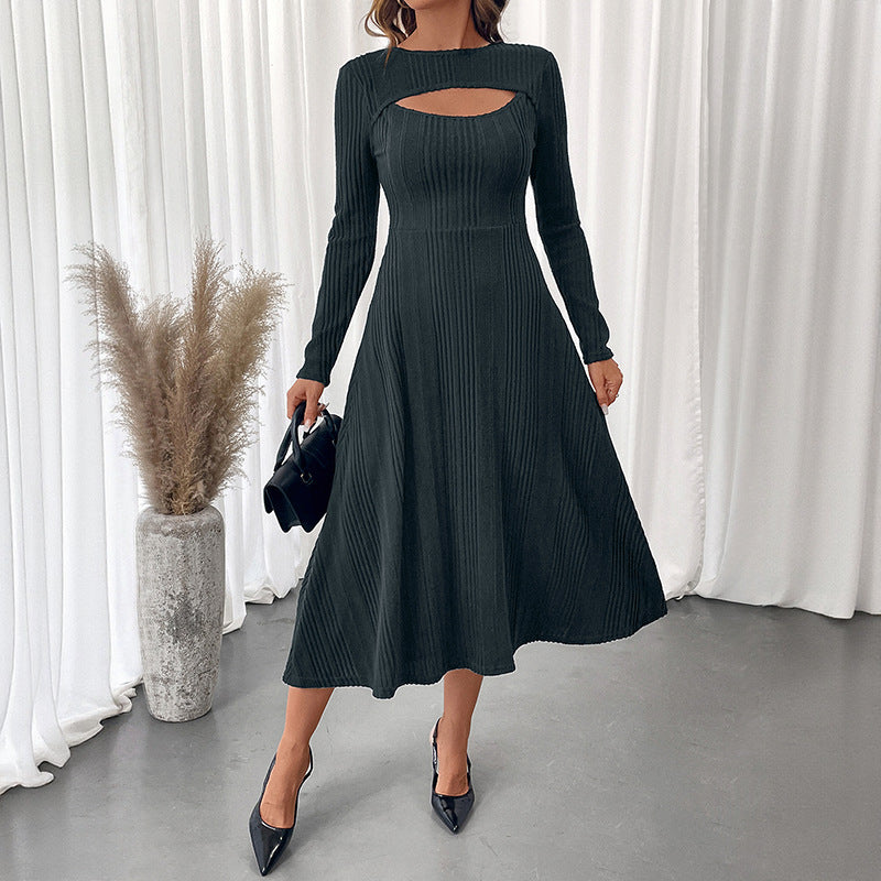 A-Line Ribbed Midi Dress with Chest Cutout