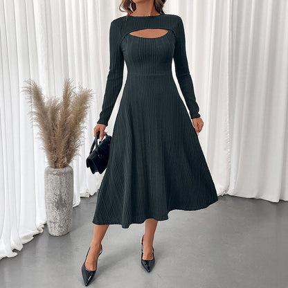 A-Line Ribbed Midi Dress with Chest Cutout