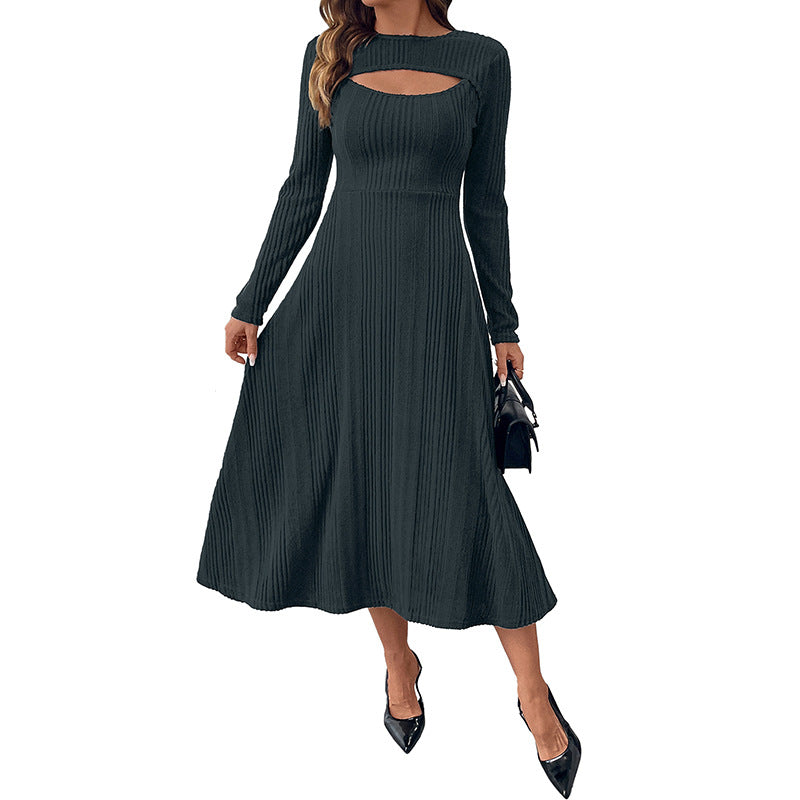 A-Line Ribbed Midi Dress with Chest Cutout