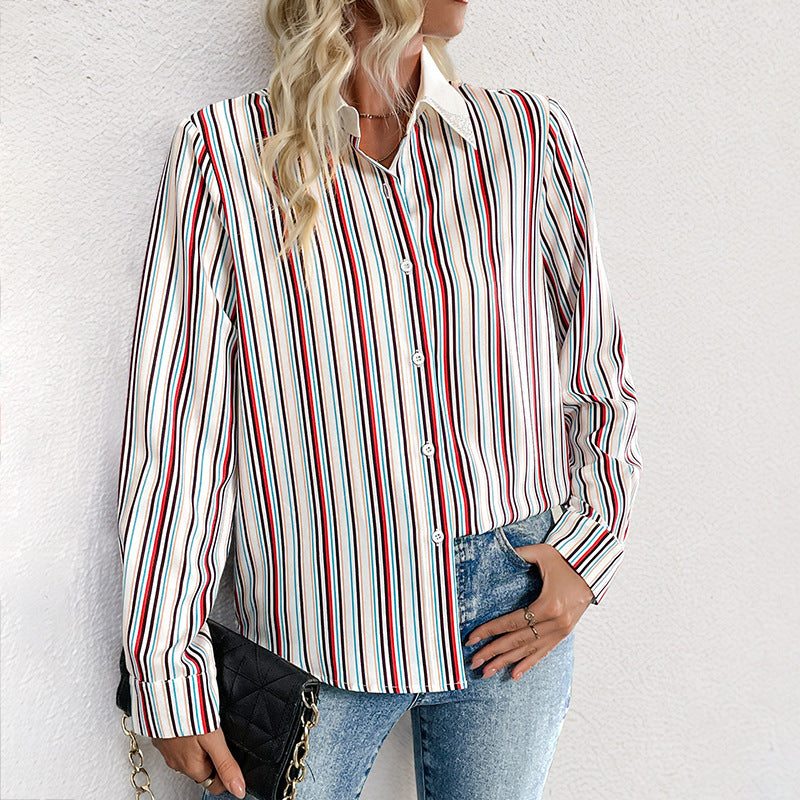 Colorful Vertical Striped Shirt with Lapel Collar