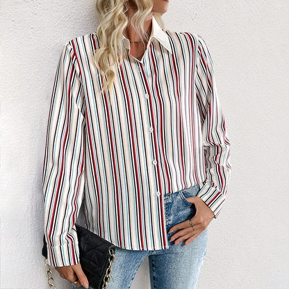 Colorful Vertical Striped Shirt with Lapel Collar