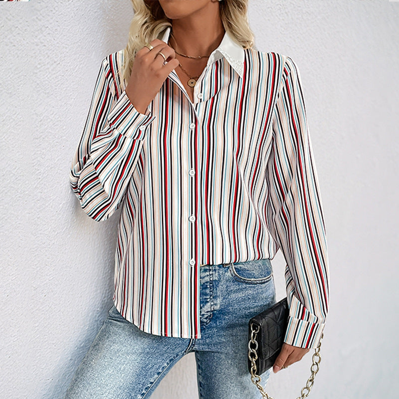 Colorful Vertical Striped Shirt with Lapel Collar