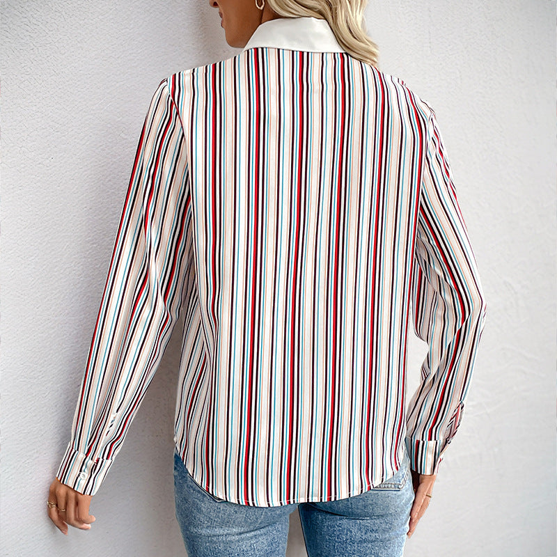 Colorful Vertical Striped Shirt with Lapel Collar