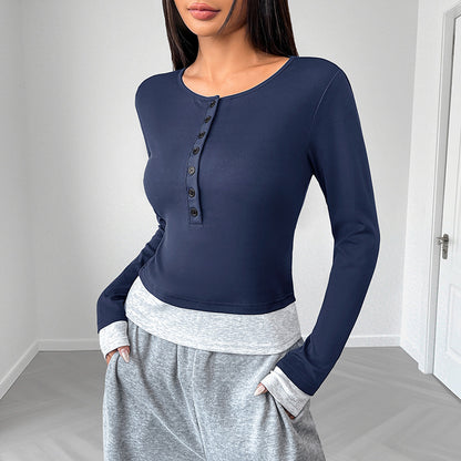 Slim Fit Long Sleeve Henley Top with Faux Layered Hem