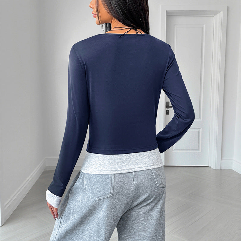 Slim Fit Long Sleeve Henley Top with Faux Layered Hem