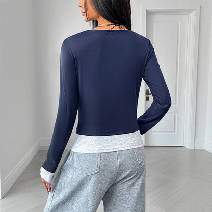 Slim Fit Long Sleeve Henley Top with Faux Layered Hem