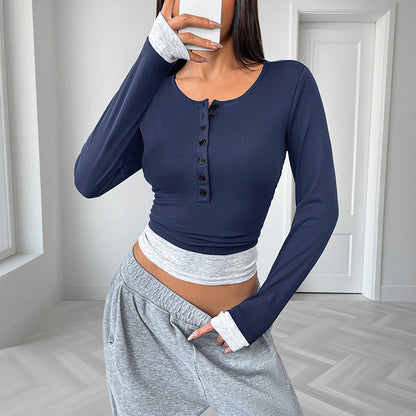 Slim Fit Long Sleeve Henley Top with Faux Layered Hem