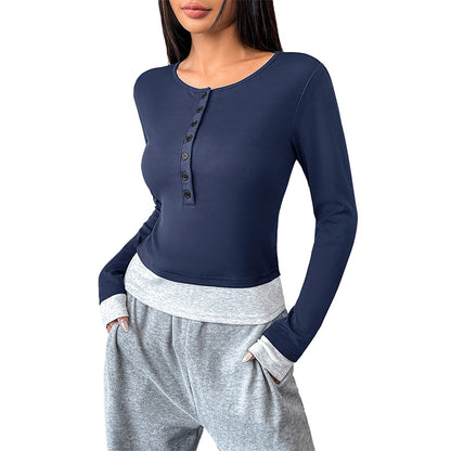 Slim Fit Long Sleeve Henley Top with Faux Layered Hem