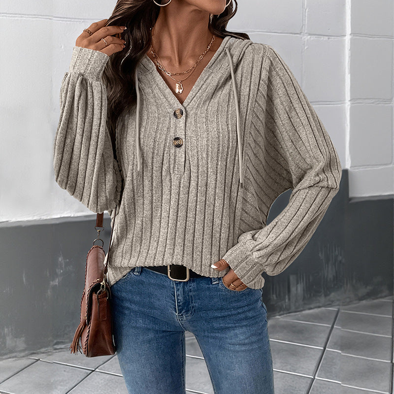 Ribbed Knit Hoodie with Henley Neck and Lantern Sleeves