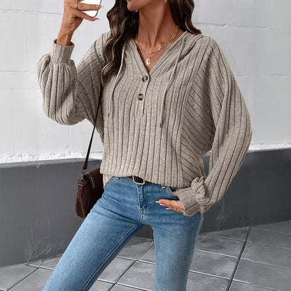Ribbed Knit Hoodie with Henley Neck and Lantern Sleeves
