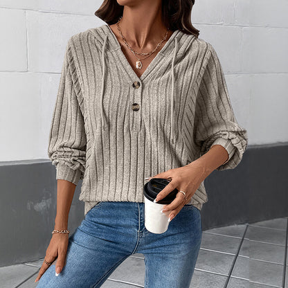 Ribbed Knit Hoodie with Henley Neck and Lantern Sleeves