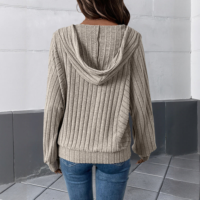 Ribbed Knit Hoodie with Henley Neck and Lantern Sleeves