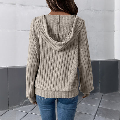 Ribbed Knit Hoodie with Henley Neck and Lantern Sleeves