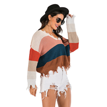 Cropped Color Block Knit Sweater with Distressed Finish