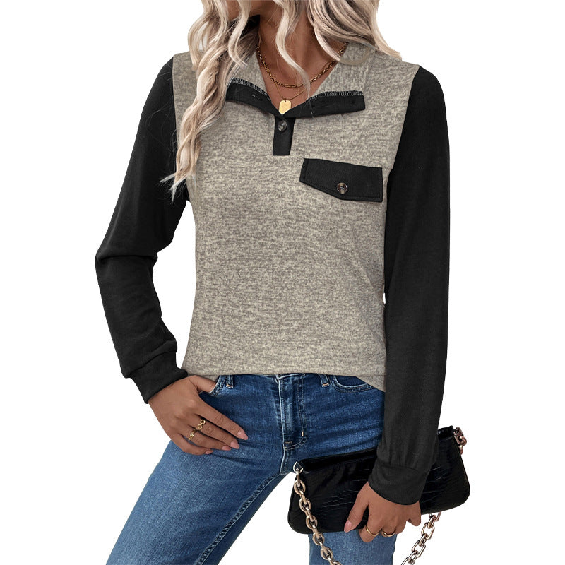 Color-Blocked Henley Sweatshirt with Stand Collar