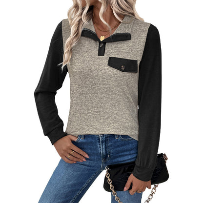 Color-Blocked Henley Sweatshirt with Stand Collar