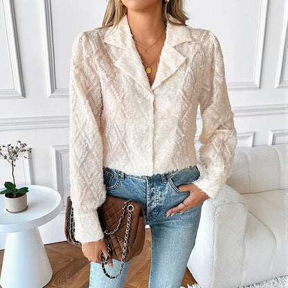 Textured Jacquard Blouse with Suit Collar and Button Front