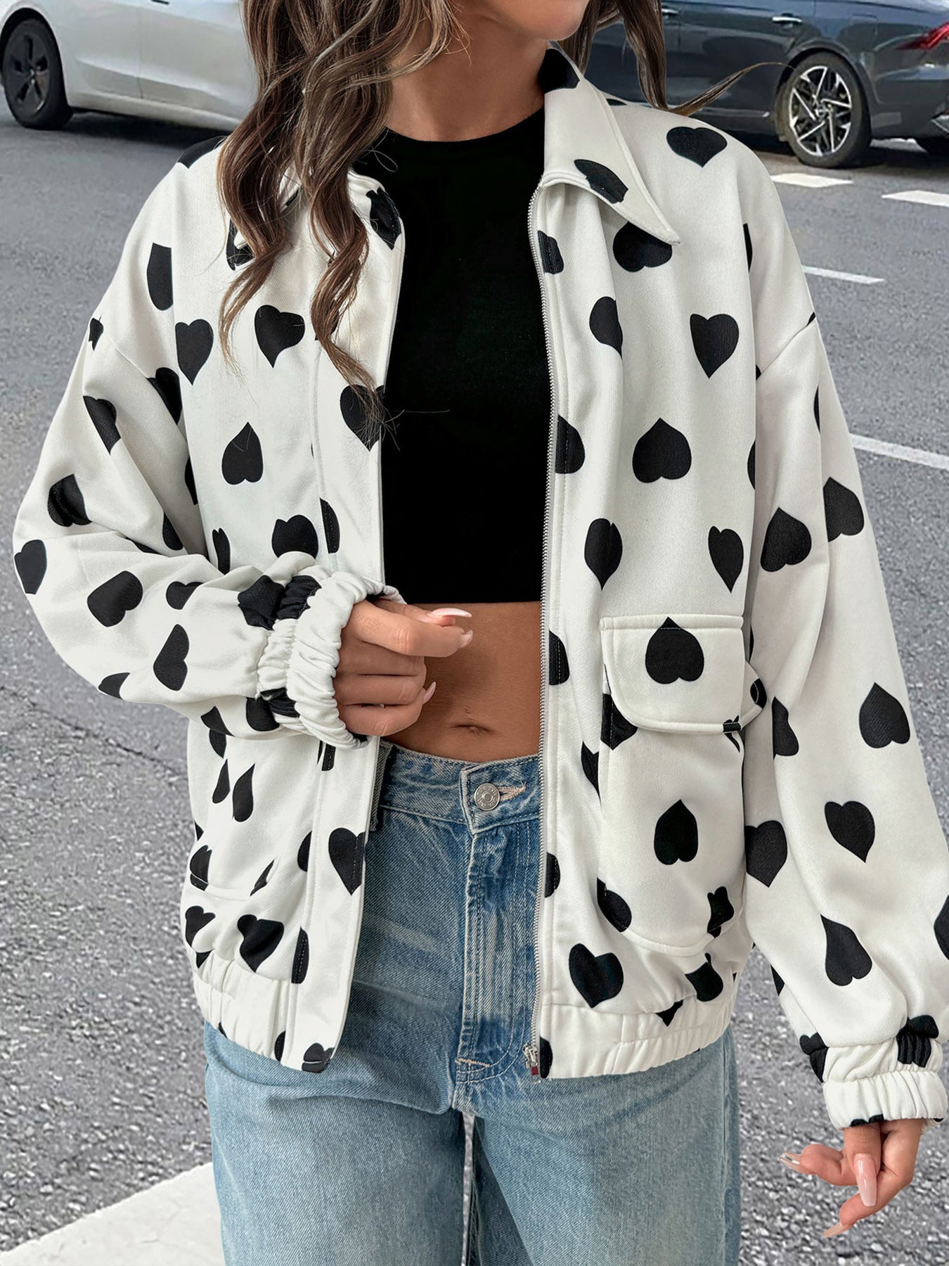 Heart Print Bomber Jacket with Lapel Collar and Zipper Front