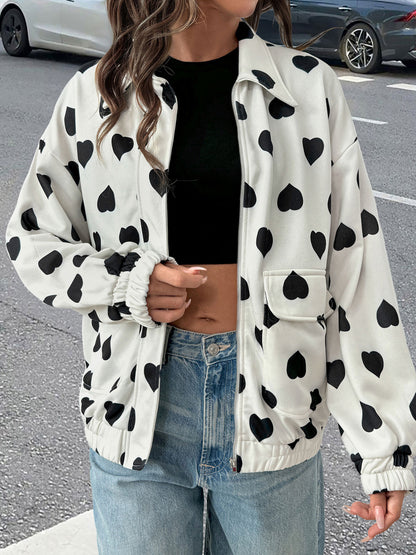 Heart Print Bomber Jacket with Lapel Collar and Zipper Front
