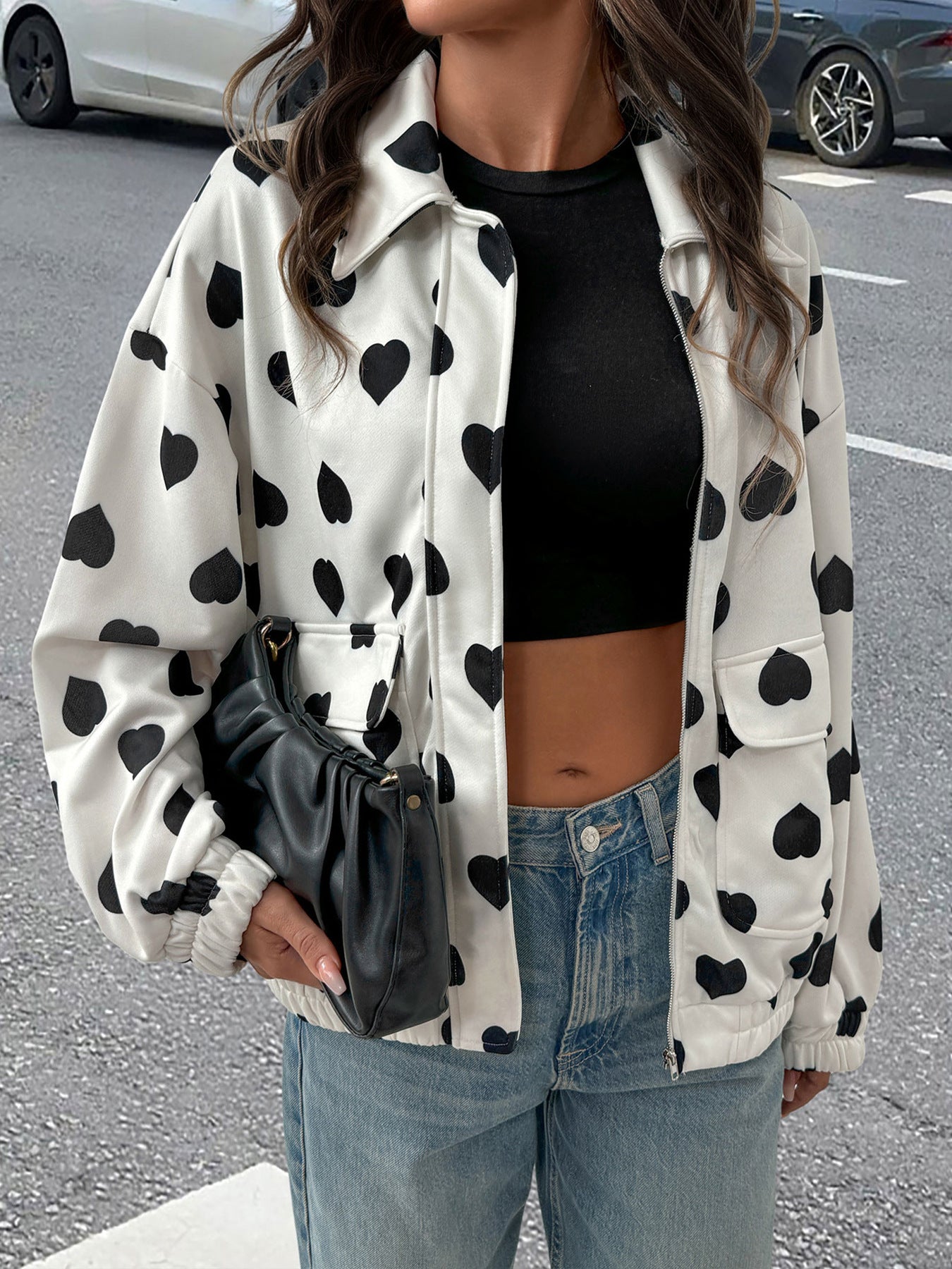 Heart Print Bomber Jacket with Lapel Collar and Zipper Front