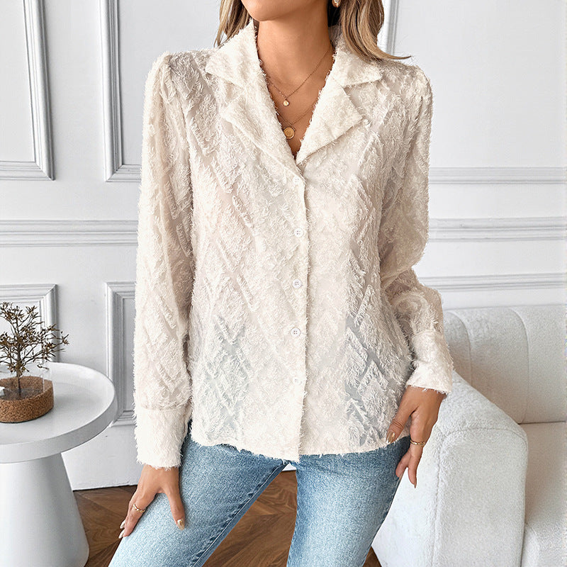 Textured Jacquard Blouse with Suit Collar and Button Front