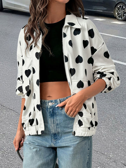 Heart Print Bomber Jacket with Lapel Collar and Zipper Front