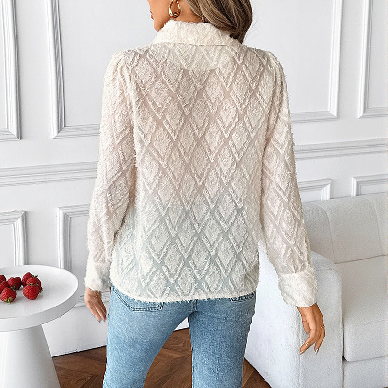 Textured Jacquard Blouse with Suit Collar and Button Front