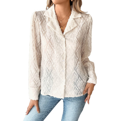 Textured Jacquard Blouse with Suit Collar and Button Front