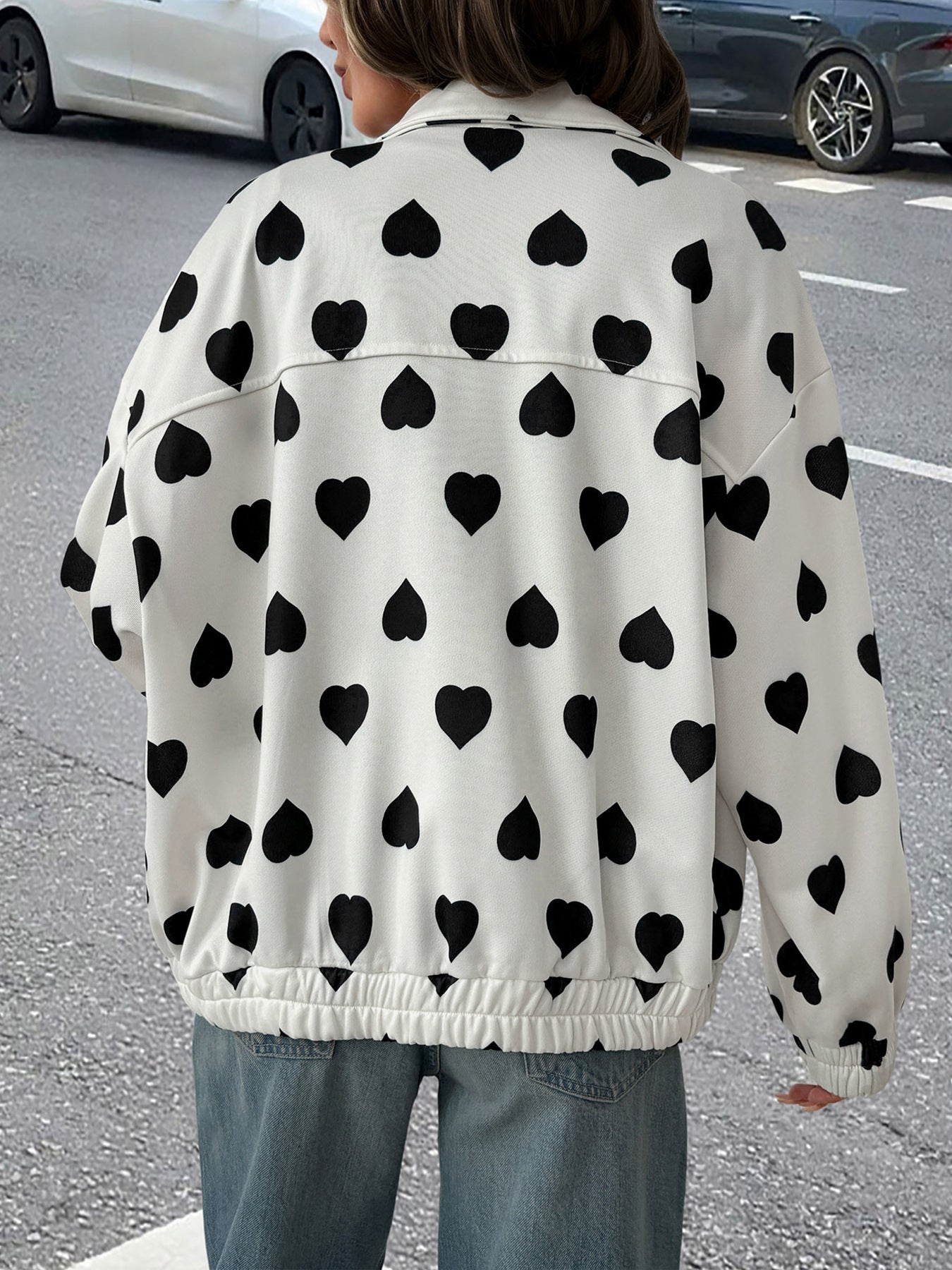 Heart Print Bomber Jacket with Lapel Collar and Zipper Front