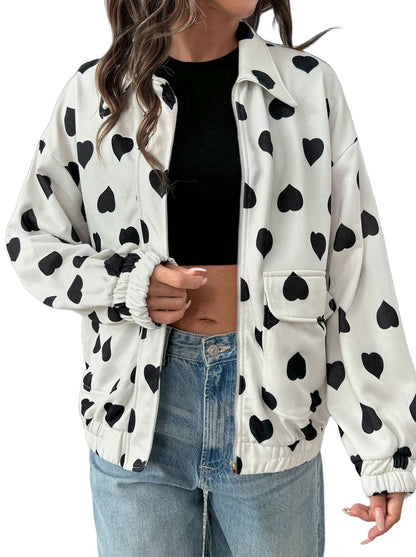 Heart Print Bomber Jacket with Lapel Collar and Zipper Front