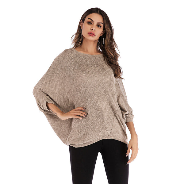 Loose Knit Top with Batwing Sleeves and Crewneck