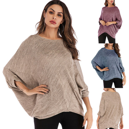 Loose Knit Top with Batwing Sleeves and Crewneck
