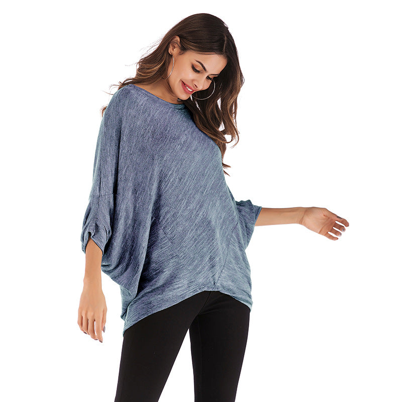 Loose Knit Top with Batwing Sleeves and Crewneck