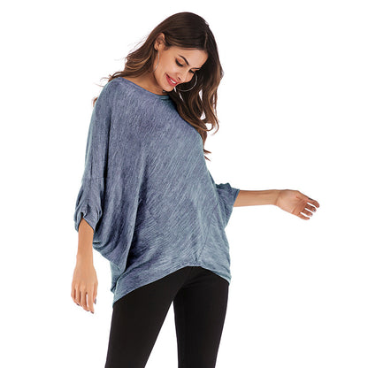 Loose Knit Top with Batwing Sleeves and Crewneck