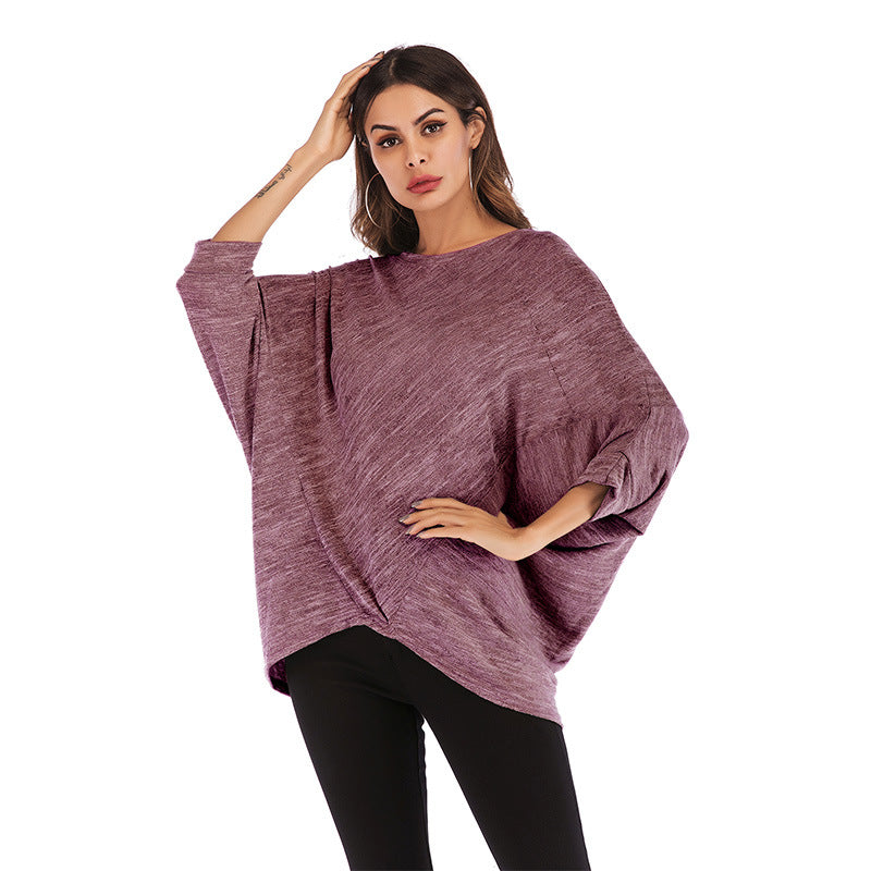 Loose Knit Top with Batwing Sleeves and Crewneck