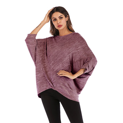 Loose Knit Top with Batwing Sleeves and Crewneck