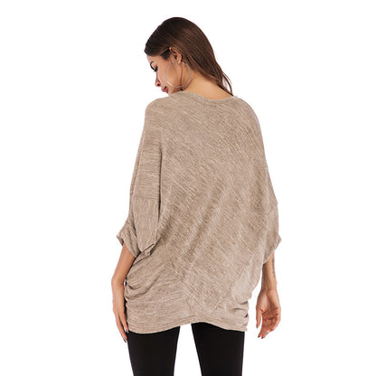 Loose Knit Top with Batwing Sleeves and Crewneck