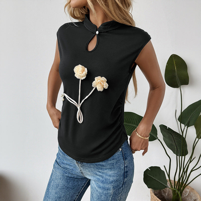 Sleeveless Top with Mandarin Collar and 3D Floral Applique