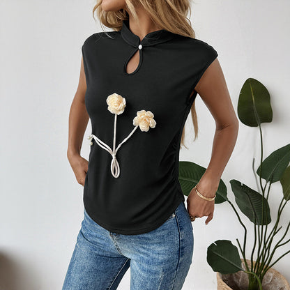 Sleeveless Top with Mandarin Collar and 3D Floral Applique