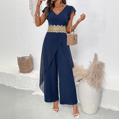 Wide-Leg Jumpsuit with V-Neck, Flutter Sleeves, and Lace Waist