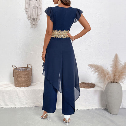 Wide-Leg Jumpsuit with V-Neck, Flutter Sleeves, and Lace Waist