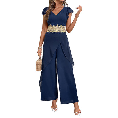 Wide-Leg Jumpsuit with V-Neck, Flutter Sleeves, and Lace Waist