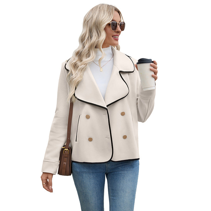Beige Double-Breasted Pea Coat with Contrast Piping