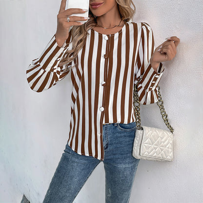 Striped Blouse with Button Front and Puff Sleeves