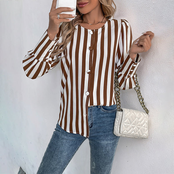 Striped Blouse with Button Front and Puff Sleeves