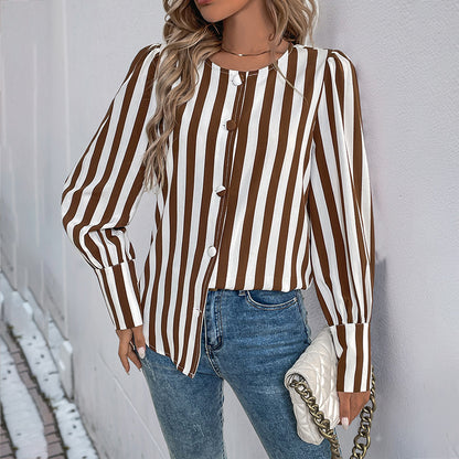Striped Blouse with Button Front and Puff Sleeves